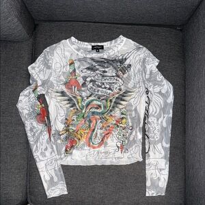 Ed Hardy Graphic Long Sleeve Crop Tee White Gray